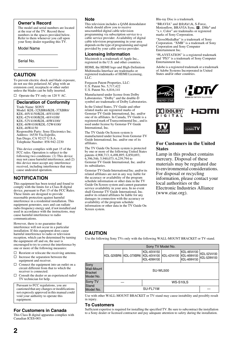 Caution, Notification | Sony KDL-46W4150 User Manual | Page 2 / 48