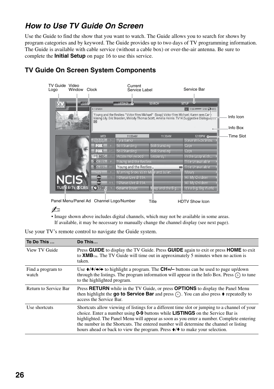 How to use tv guide on screen, 26 how to use tv guide on screen, Tv guide on screen system components | Sony KDL-46W4150 User Manual | Page 26 / 48