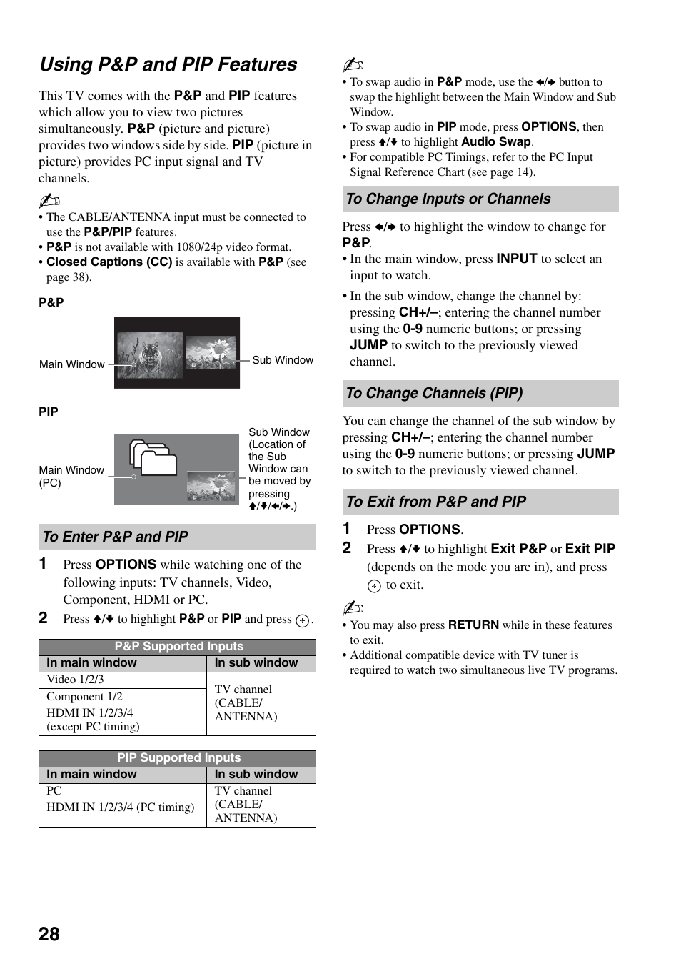 Using p&p and pip features, To enter p&p and pip, To change inputs or channels | To change channels (pip), To exit from p&p and pip, 28 using p&p and pip features | Sony KDL-46W4150 User Manual | Page 28 / 48