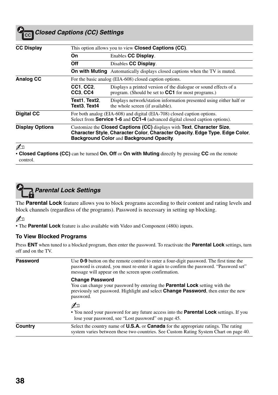 Closed captions (cc) settings, Parental lock settings | Sony KDL-46W4150 User Manual | Page 38 / 48