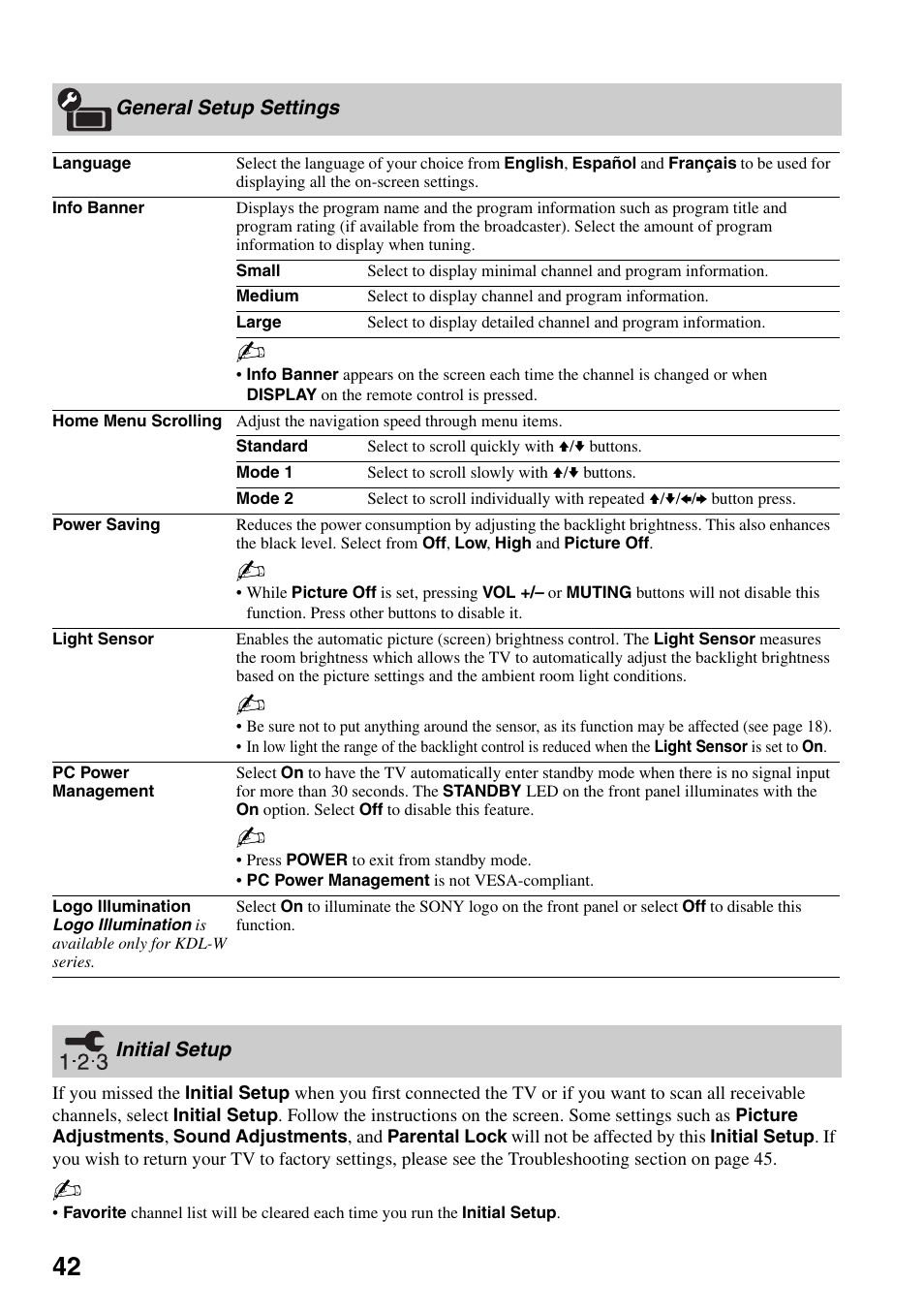 General setup settings, Initial setup, General setup settings initial setup | Sony KDL-46W4150 User Manual | Page 42 / 48