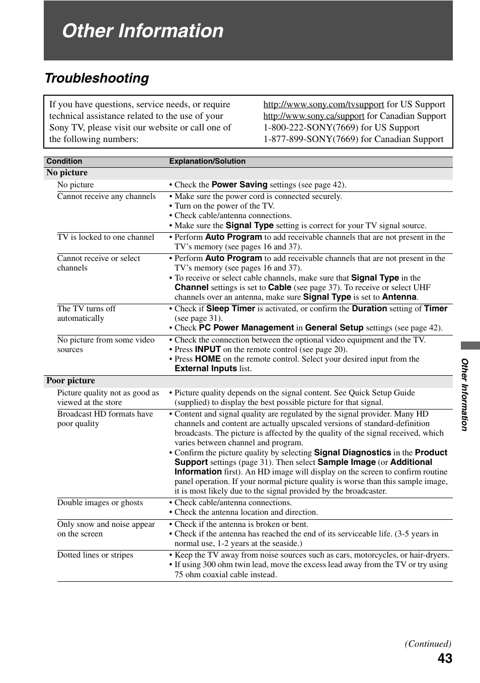 Other information, Troubleshooting | Sony KDL-46W4150 User Manual | Page 43 / 48