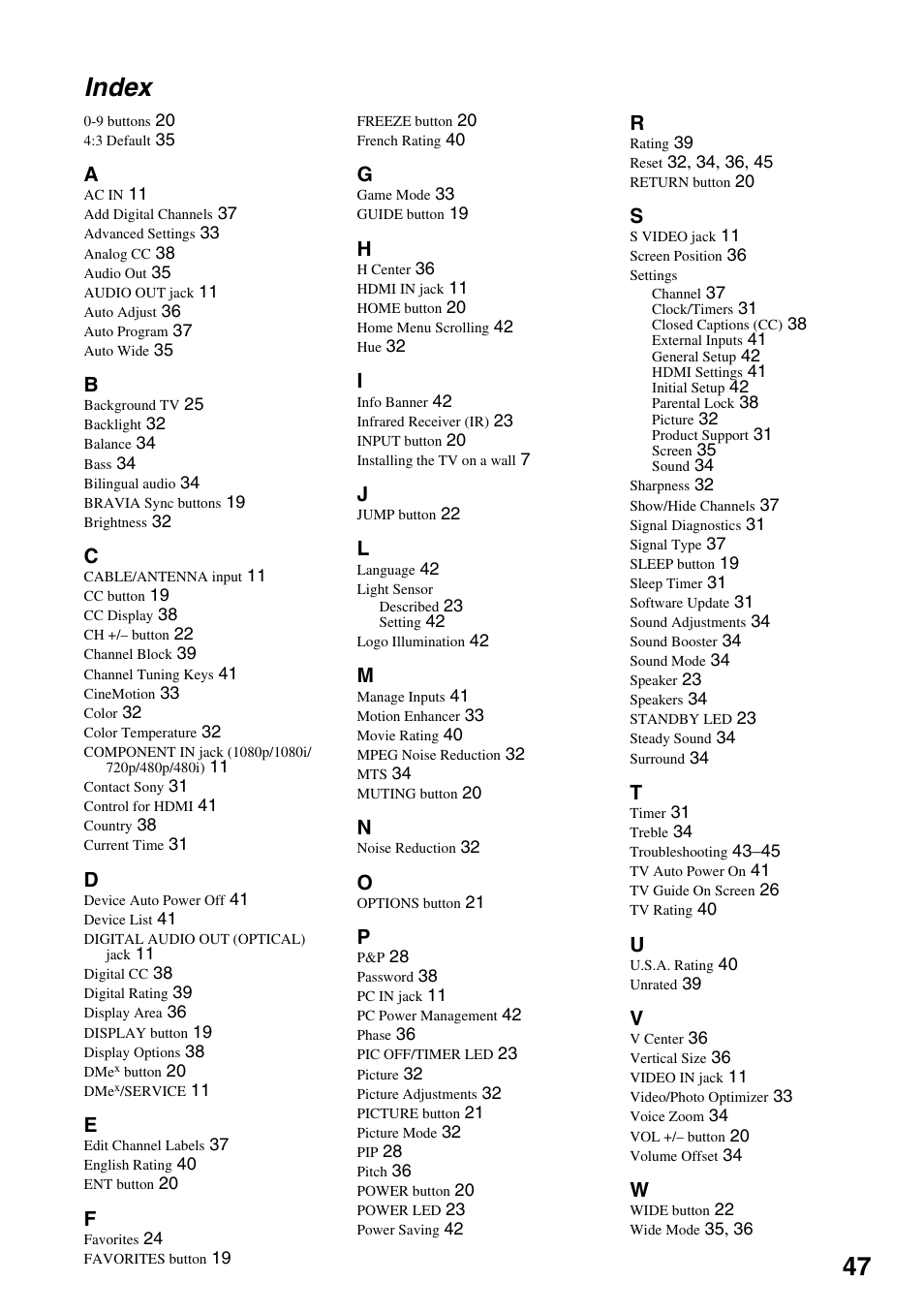 Index, 47 index | Sony KDL-46W4150 User Manual | Page 47 / 48