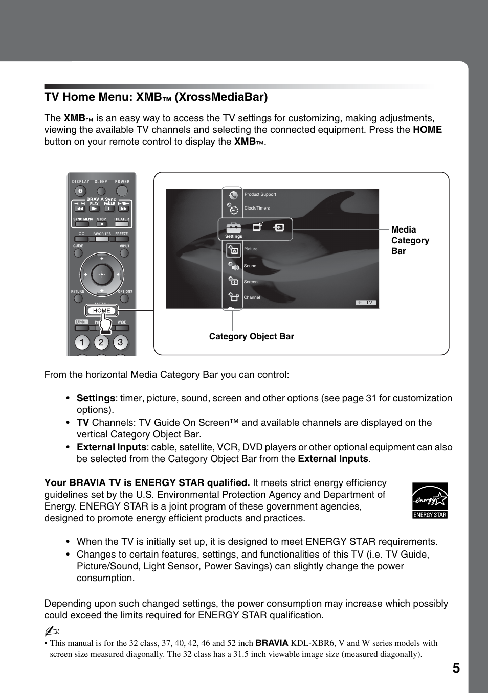 Tv home menu: xmb™ (xrossmediabar), Tv home menu: xmb, Xrossmediabar) | Sony KDL-46W4150 User Manual | Page 5 / 48