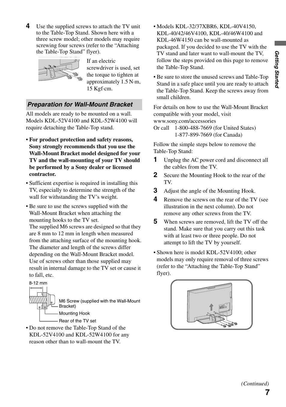 Preparation for wall-mount bracket | Sony KDL-46W4150 User Manual | Page 7 / 48