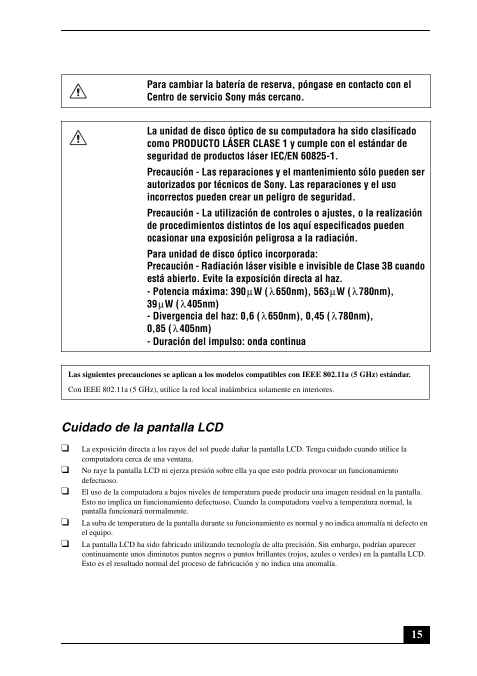 Cuidado de la pantalla lcd | Sony VGN-NW250F User Manual | Page 15 / 24