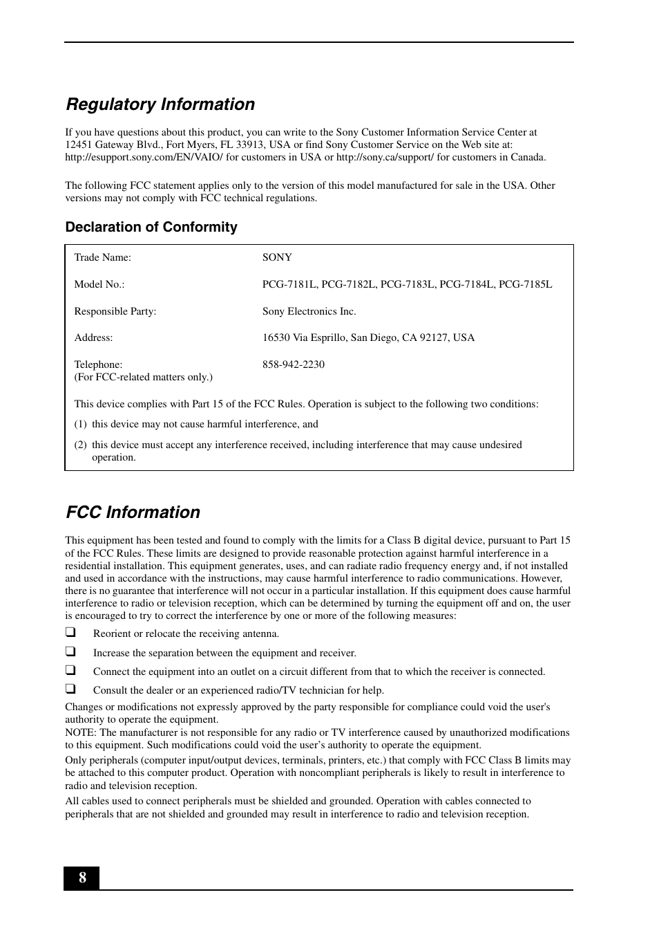 Regulatory information, Fcc information, Declaration of conformity | Sony VGN-NW250F User Manual | Page 8 / 24