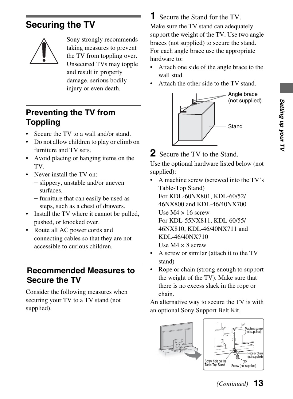 Securing the tv, Preventing the tv from toppling, Recommended measures to secure the tv | Sony KDL-52NX800 User Manual | Page 13 / 24