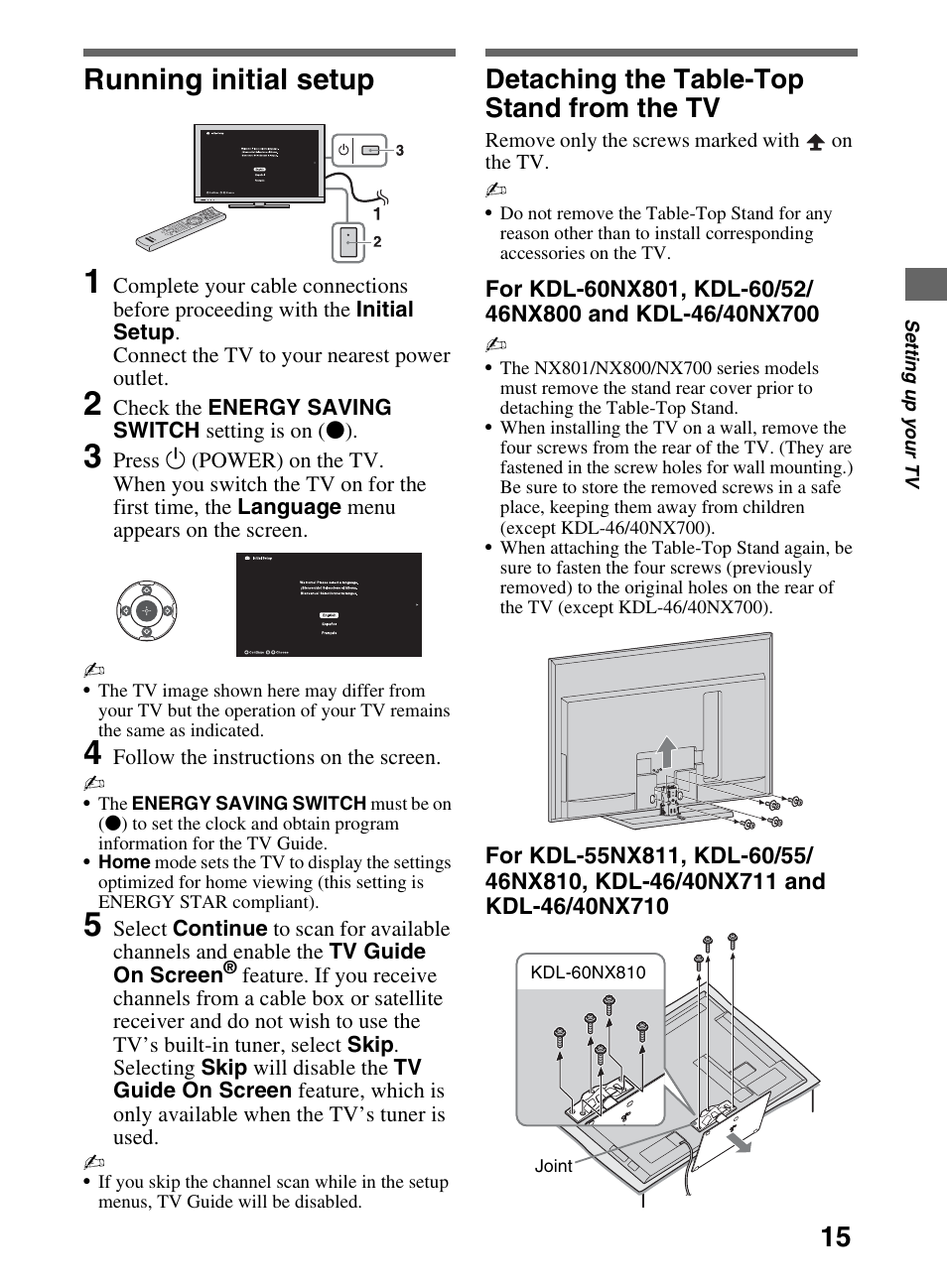 Running initial setup, Detaching the table-top stand from the tv | Sony KDL-52NX800 User Manual | Page 15 / 24