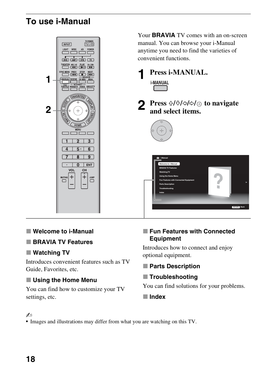 To use i-manual, Press i-manual, Press f / f / g / g / to navigate and select items | Sony KDL-52NX800 User Manual | Page 18 / 24