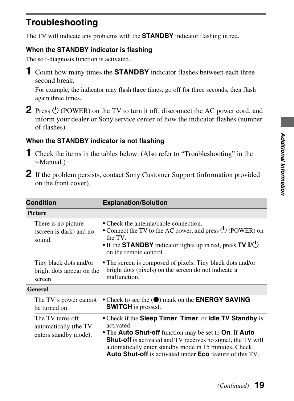 Additional information, Troubleshooting | Sony KDL-52NX800 User Manual | Page 19 / 24