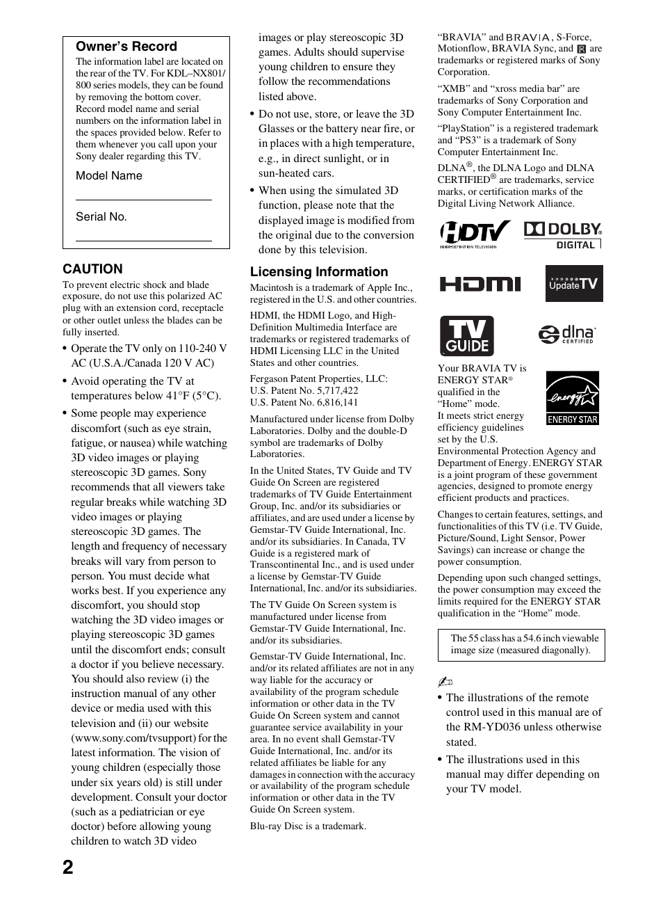 Caution, Licensing information, Owner’s record | Sony KDL-52NX800 User Manual | Page 2 / 24