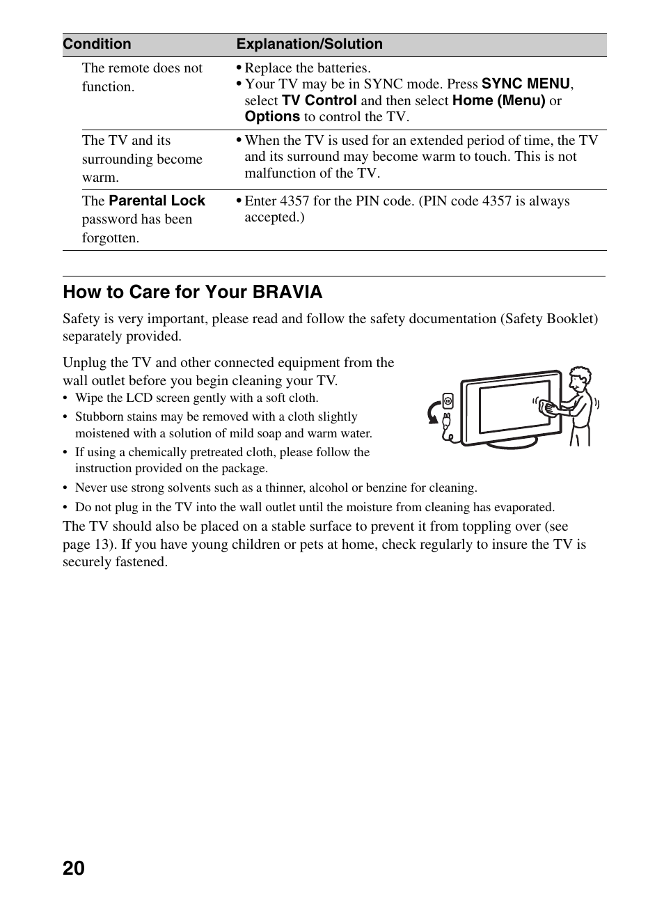 How to care for your bravia | Sony KDL-52NX800 User Manual | Page 20 / 24