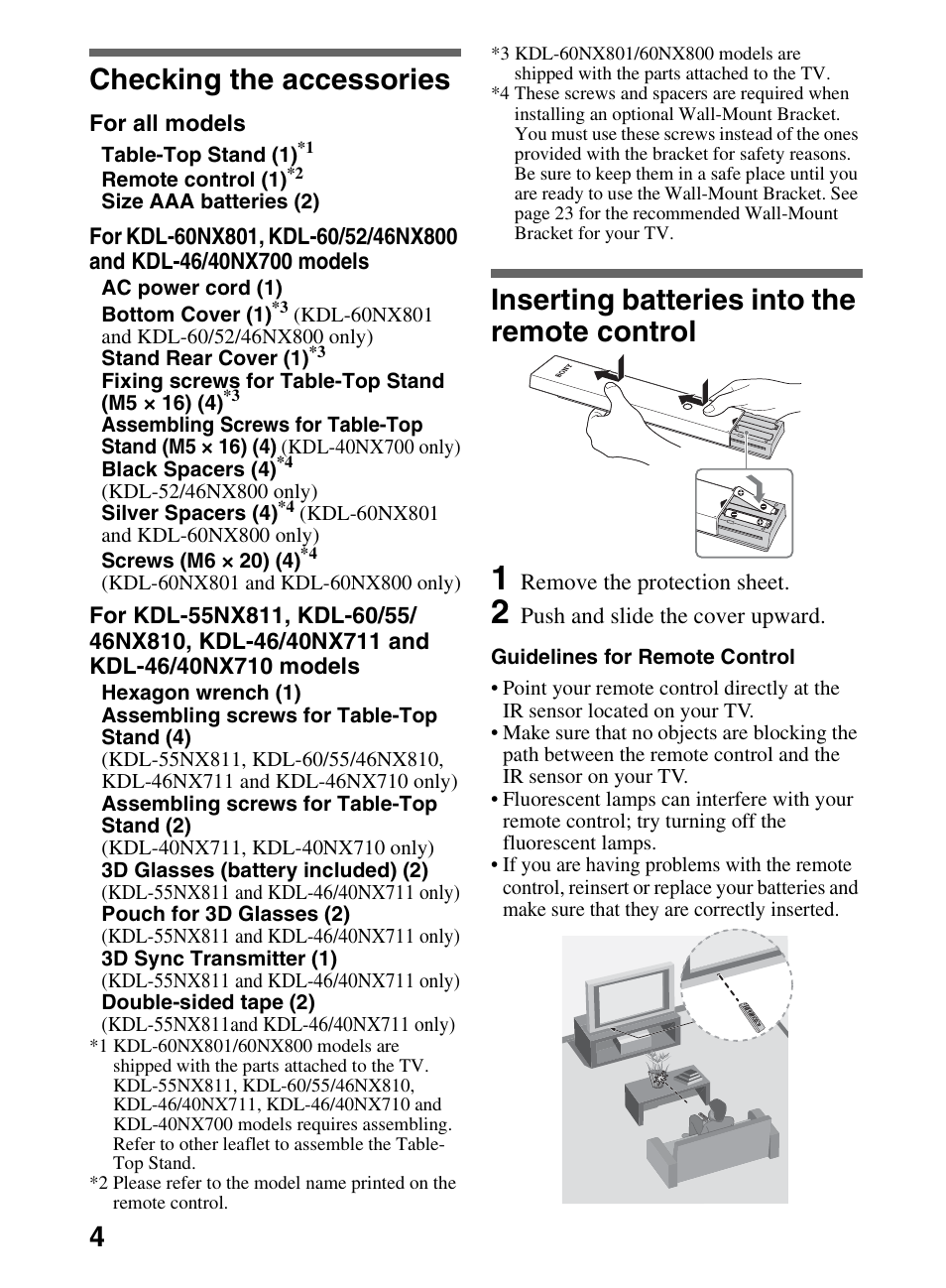 Checking the accessories, Inserting batteries into the remote control | Sony KDL-52NX800 User Manual | Page 4 / 24