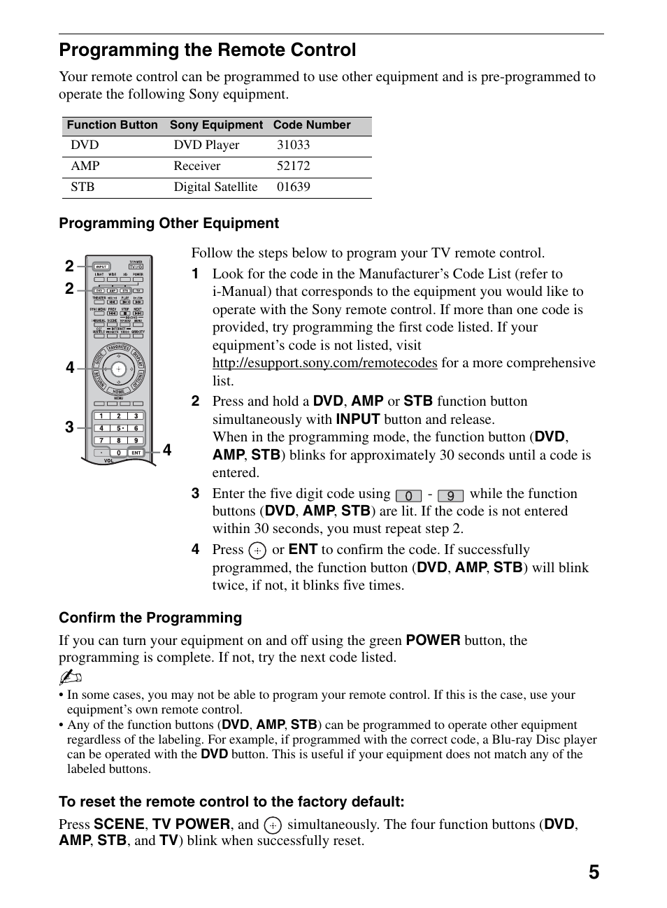 Programming the remote control | Sony KDL-52NX800 User Manual | Page 5 / 24