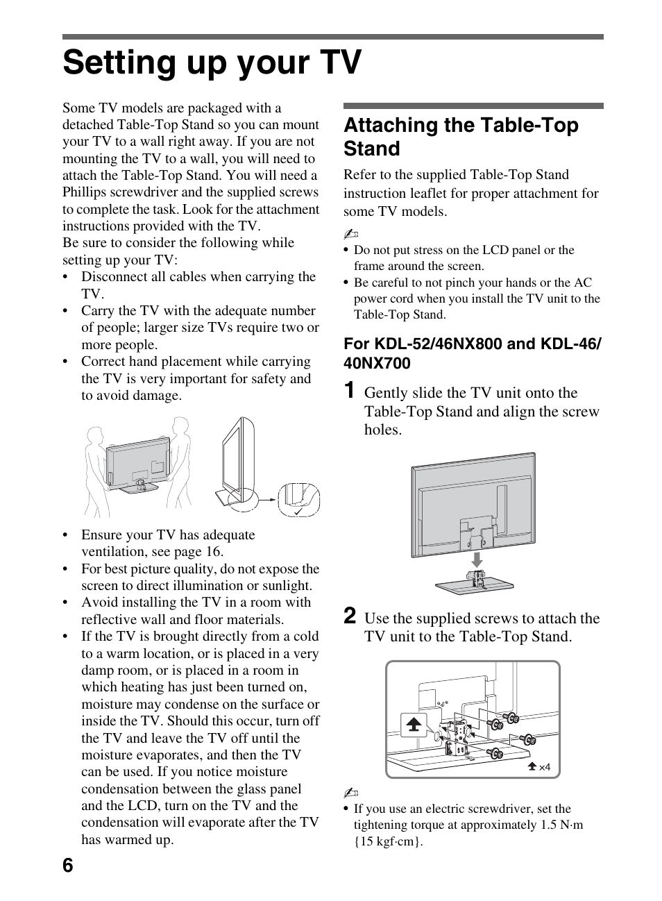 Setting up your tv, Attaching the table-top stand | Sony KDL-52NX800 User Manual | Page 6 / 24