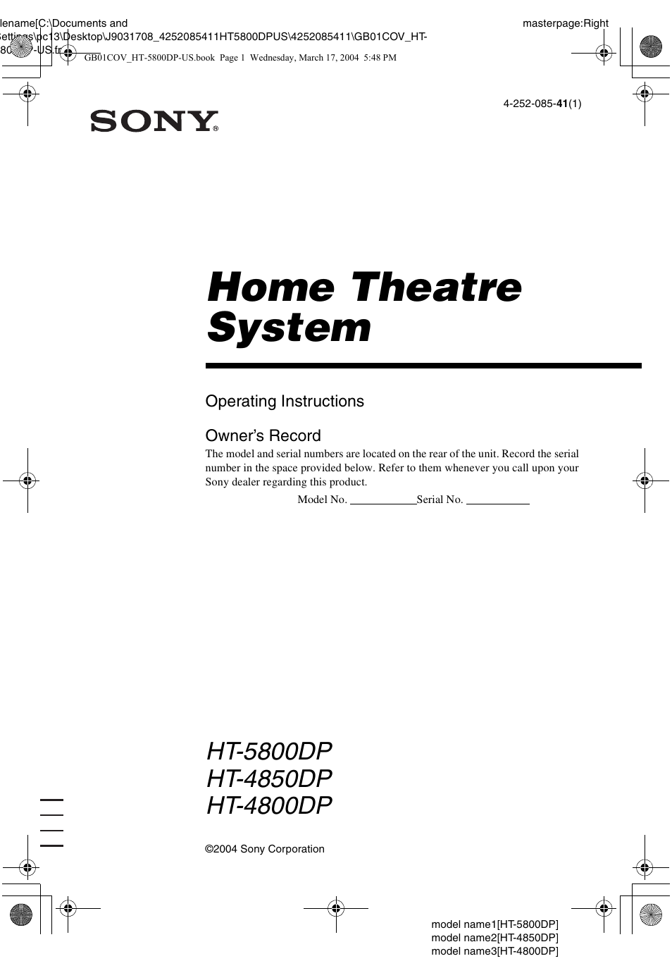 Sony HT-4850DP User Manual | 48 pages
