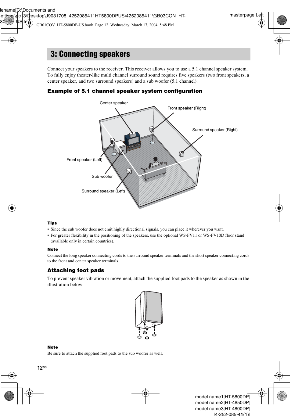 Connecting speakers | Sony HT-4850DP User Manual | Page 12 / 48