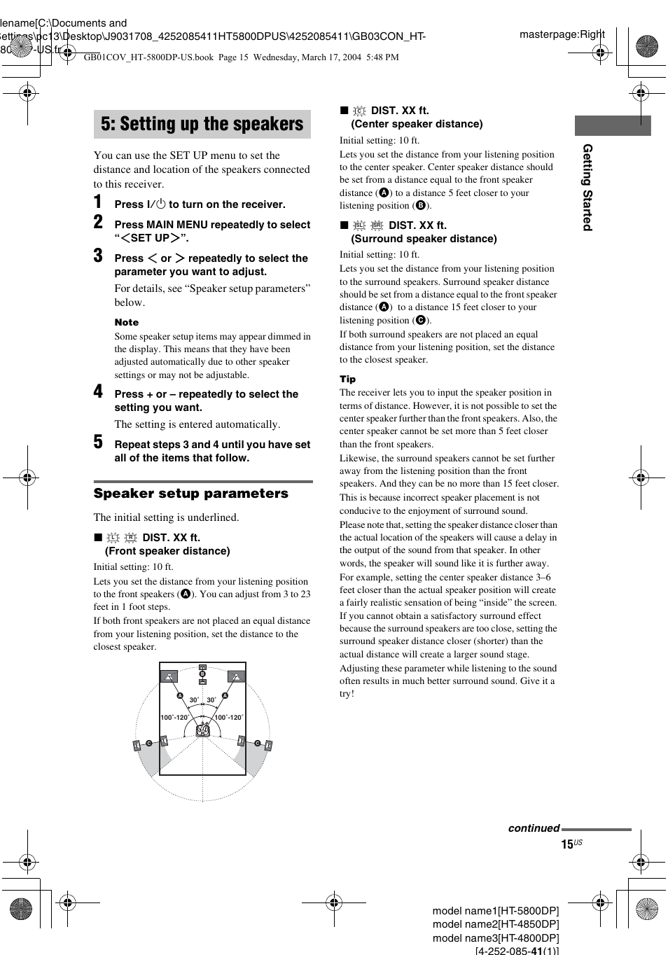 Setting up the speakers, Speaker setup parameters | Sony HT-4850DP User Manual | Page 15 / 48