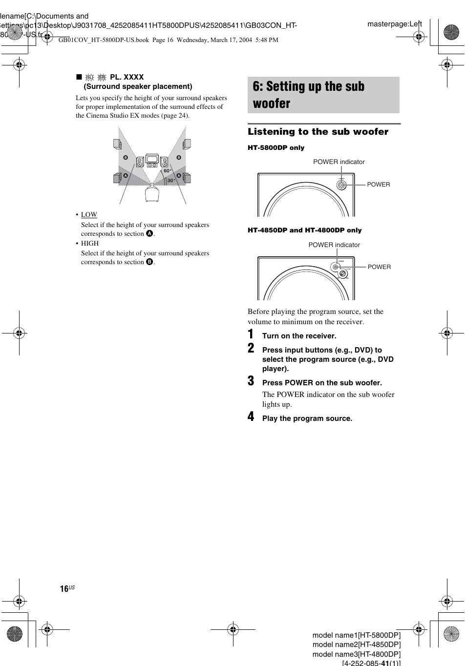 Setting up the sub woofer, Listening to the sub woofer | Sony HT-4850DP User Manual | Page 16 / 48