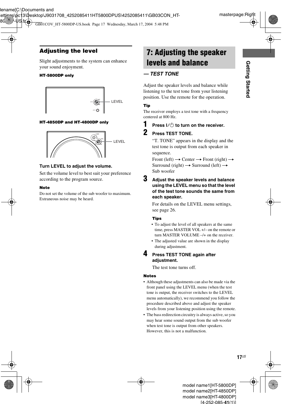 Adjusting the speaker levels and balance, Test tone, Adjusting the speaker levels and | Balance — test tone, Adjusting the level | Sony HT-4850DP User Manual | Page 17 / 48