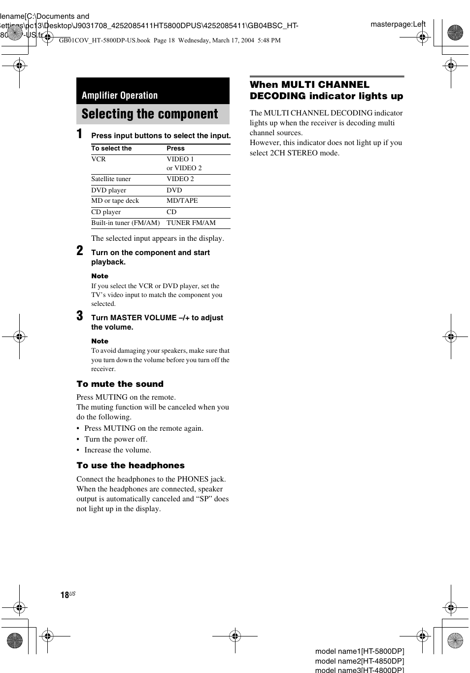 Amplifier operation, Selecting the component | Sony HT-4850DP User Manual | Page 18 / 48