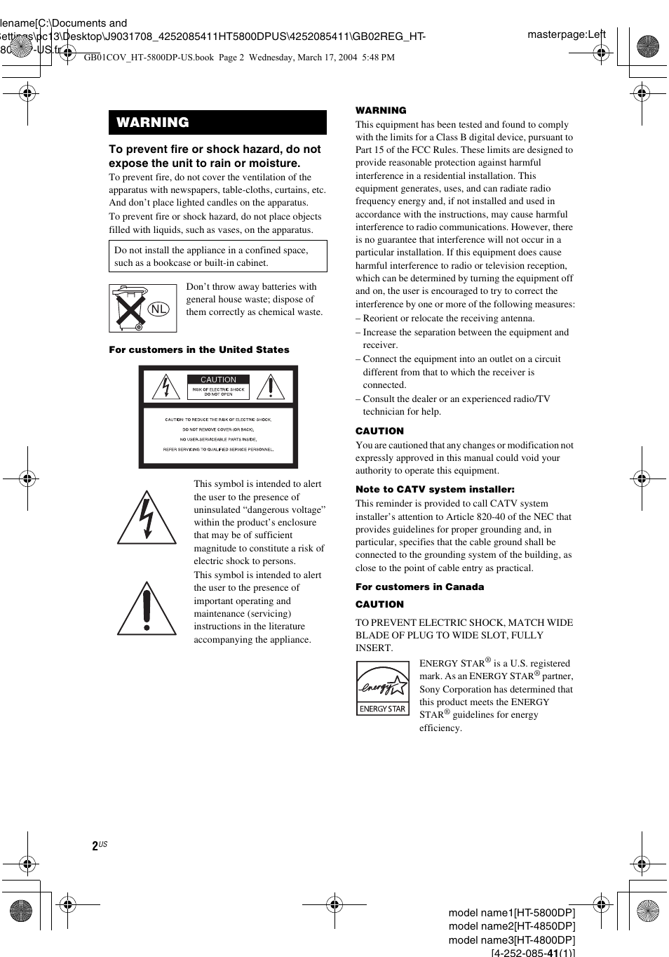 Warning | Sony HT-4850DP User Manual | Page 2 / 48