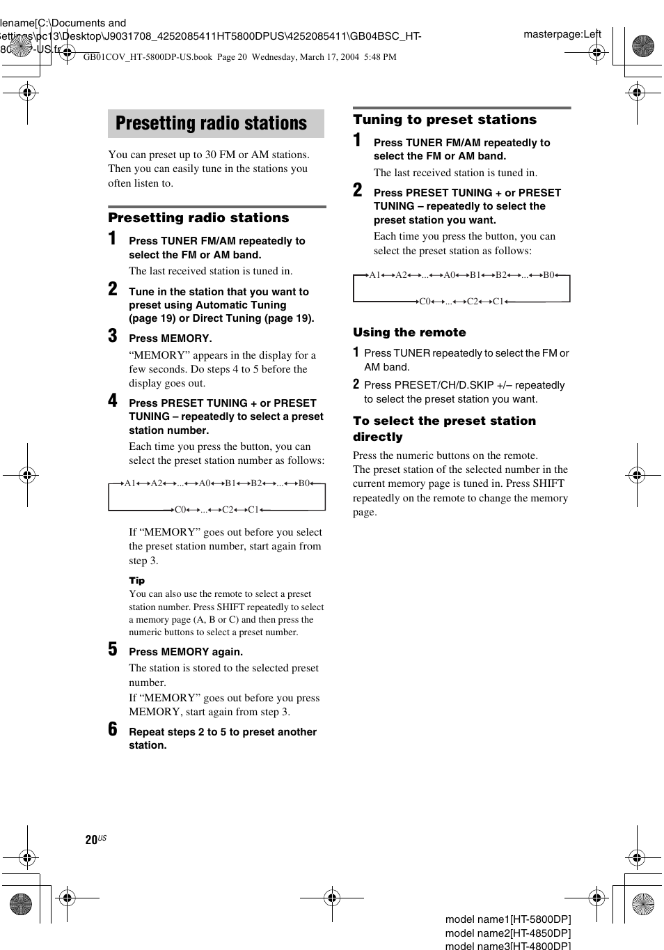 Presetting radio stations | Sony HT-4850DP User Manual | Page 20 / 48