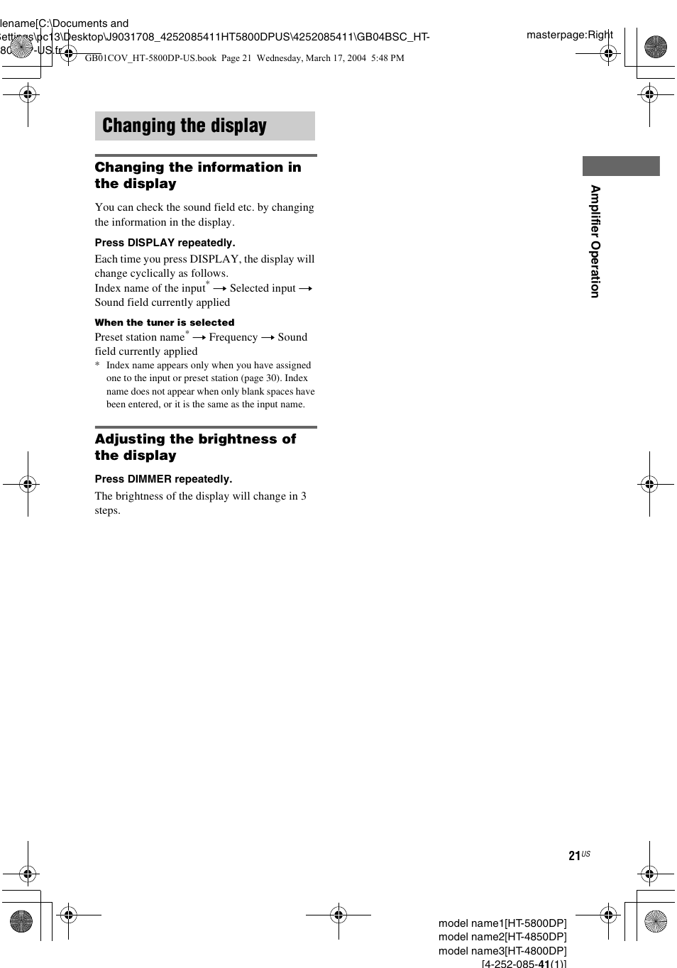 Changing the display | Sony HT-4850DP User Manual | Page 21 / 48