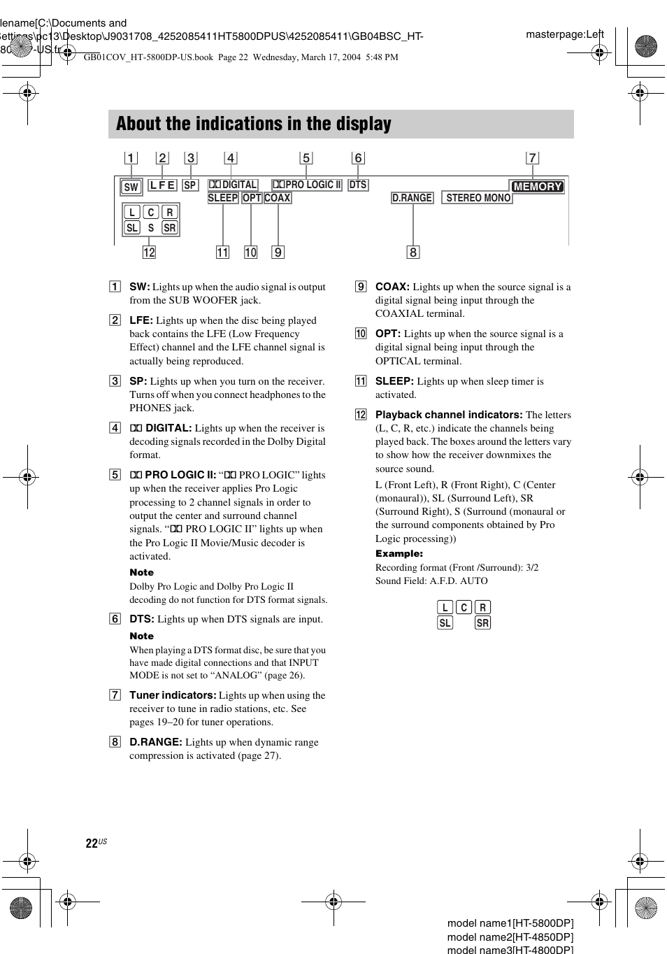 About the indications in the display | Sony HT-4850DP User Manual | Page 22 / 48