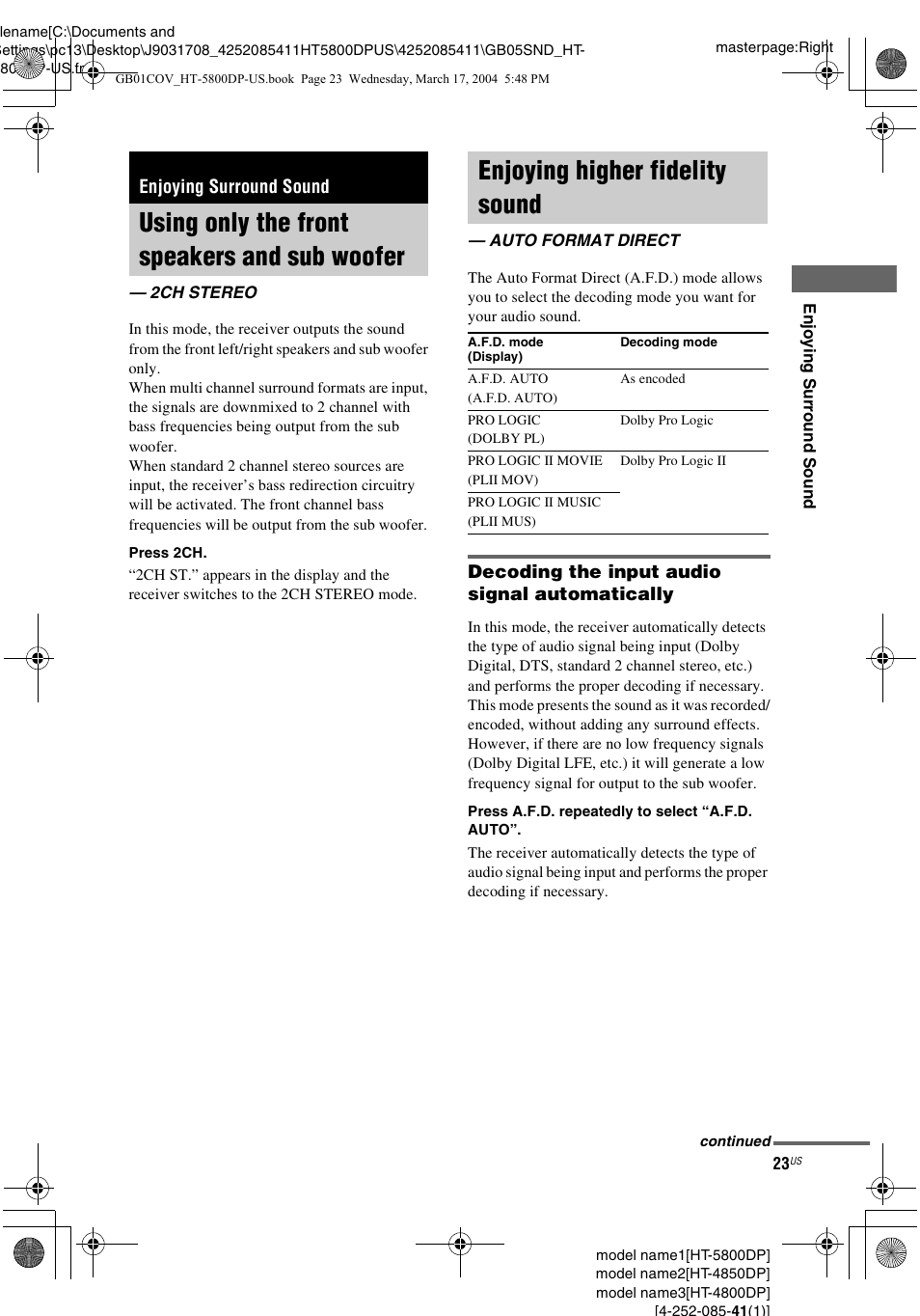 Enjoying surround sound, Using only the front speakers and sub woofer, 2ch stereo | Enjoying higher fidelity sound, Auto format direct, Using only the front speakers and sub, Woofer — 2ch stereo | Sony HT-4850DP User Manual | Page 23 / 48