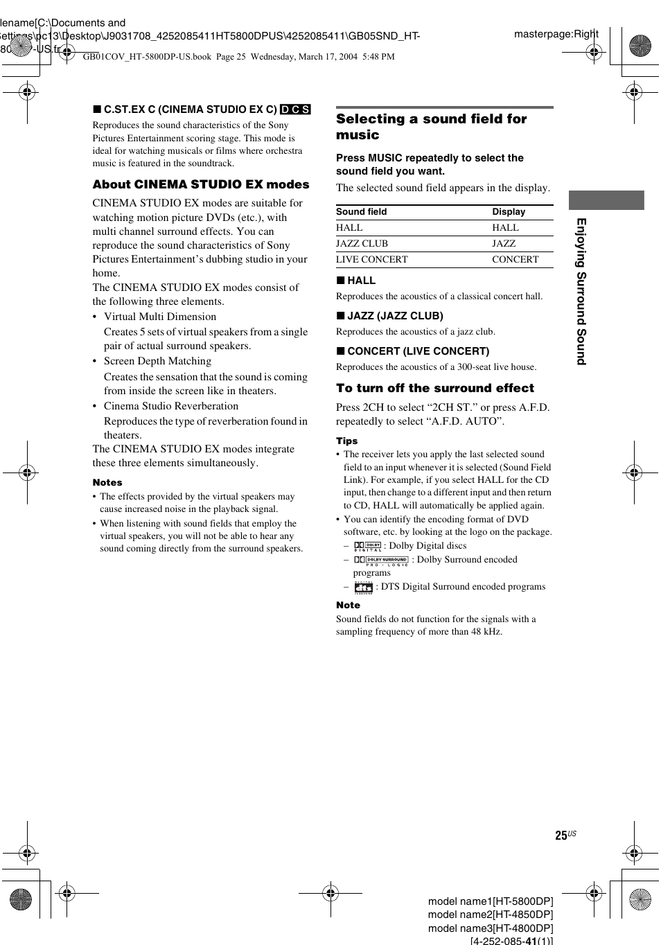 Selecting a sound field for music | Sony HT-4850DP User Manual | Page 25 / 48