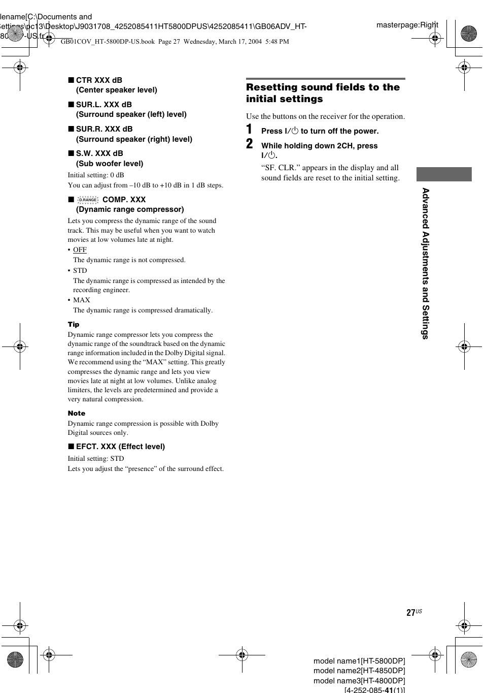 Resetting sound fields to the initial settings | Sony HT-4850DP User Manual | Page 27 / 48