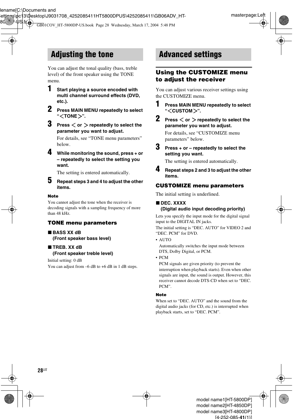 Adjusting the tone, Advanced settings, Adjusting the tone advanced settings | Sony HT-4850DP User Manual | Page 28 / 48