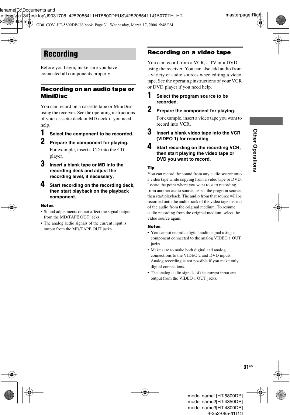 Recording | Sony HT-4850DP User Manual | Page 31 / 48
