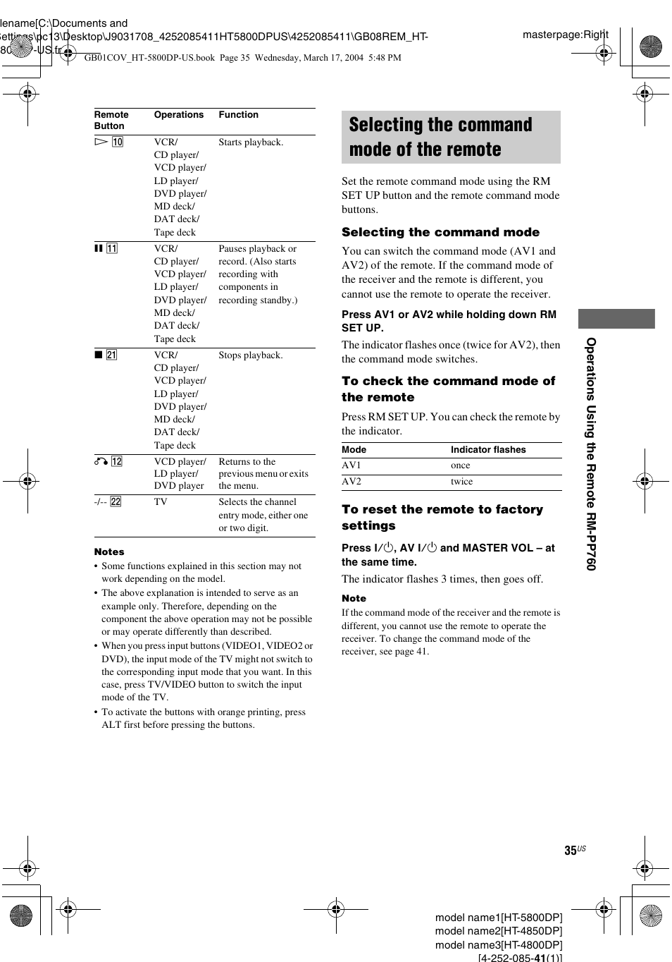 Selecting the command mode of the remote, Selecting the command mode of the, Remote | Sony HT-4850DP User Manual | Page 35 / 48