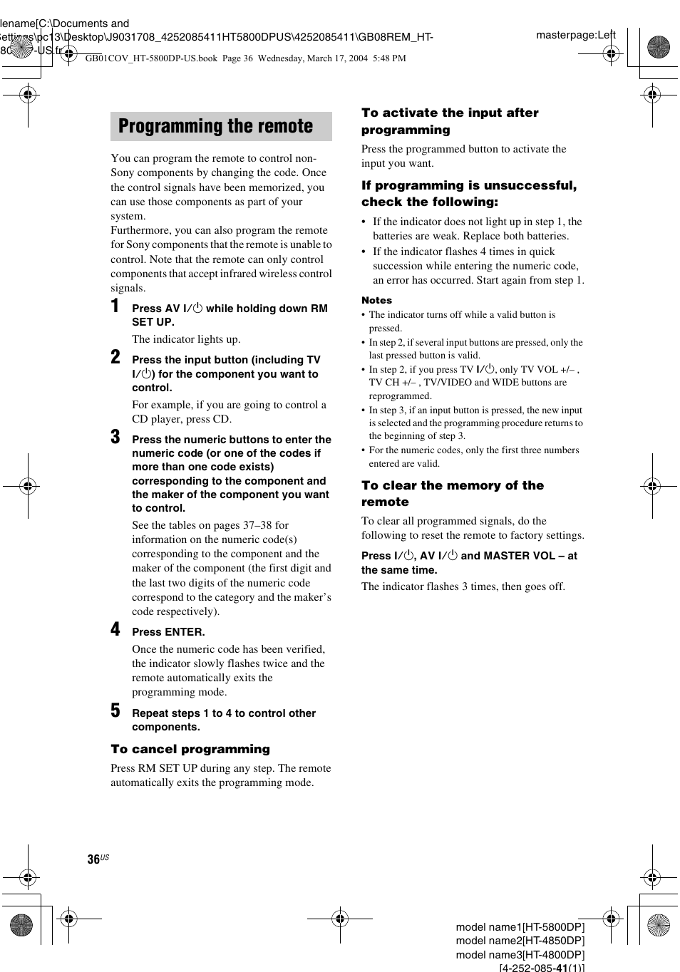 Programming the remote | Sony HT-4850DP User Manual | Page 36 / 48