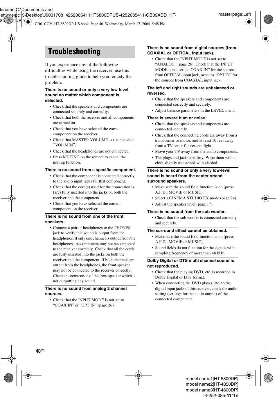 Troubleshooting | Sony HT-4850DP User Manual | Page 40 / 48