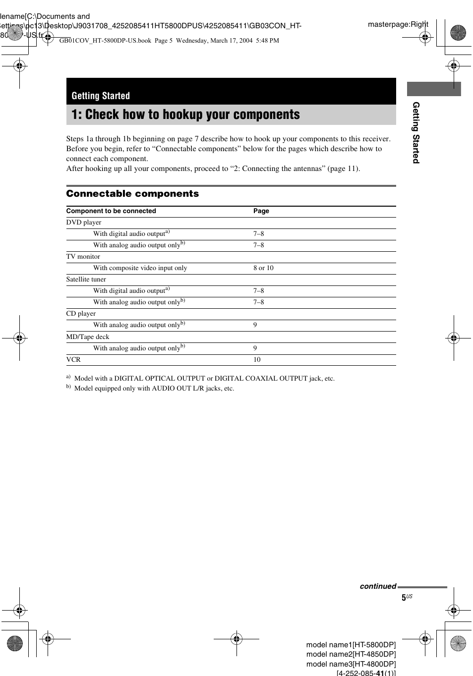 Getting started, Check how to hookup your components, Check how to hookup your | Components, Connectable components | Sony HT-4850DP User Manual | Page 5 / 48