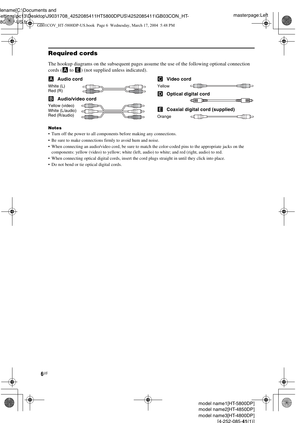 Required cords | Sony HT-4850DP User Manual | Page 6 / 48