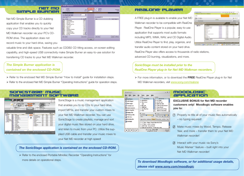 Realone, Player, Moodlogic | Application, Sonicstage, Music management software net md simple burner | Sony MZ-NF610 User Manual | Page 2 / 2