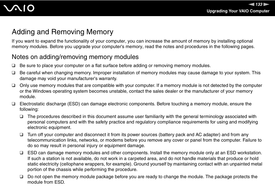 Adding and removing memory | Sony VGN-AW190NAB User Manual | Page 133 / 220