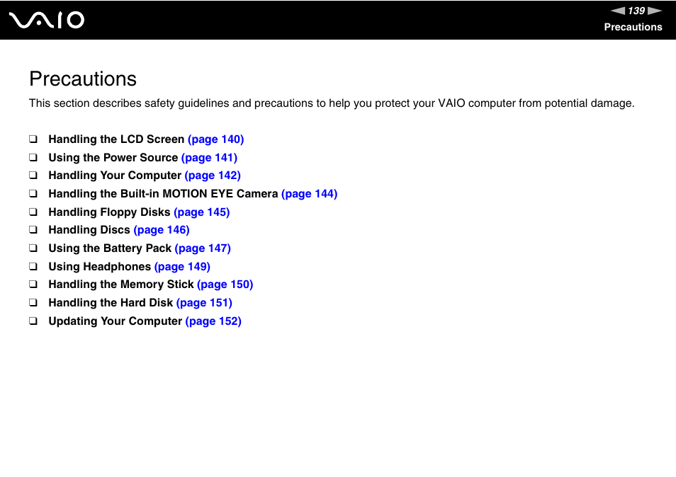 Precautions | Sony VGN-AW190NAB User Manual | Page 139 / 220