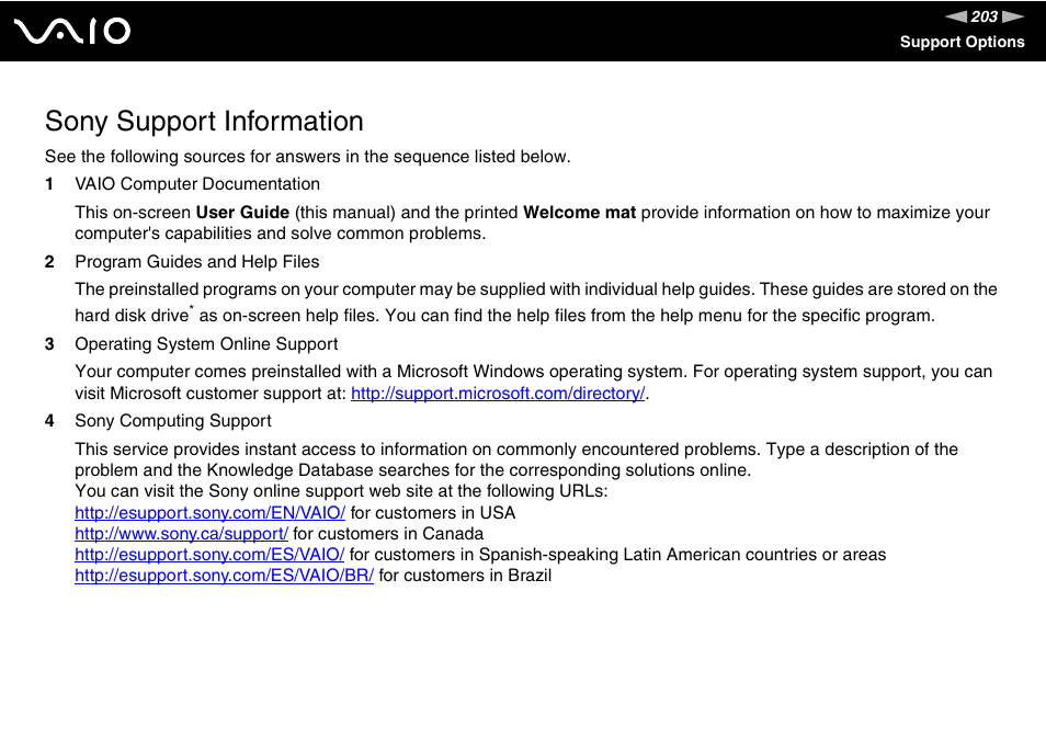 Sony support information, To vi | Sony VGN-AW190NAB User Manual | Page 203 / 220