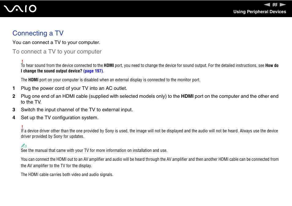 Connecting a tv | Sony VGN-AW190NAB User Manual | Page 95 / 220