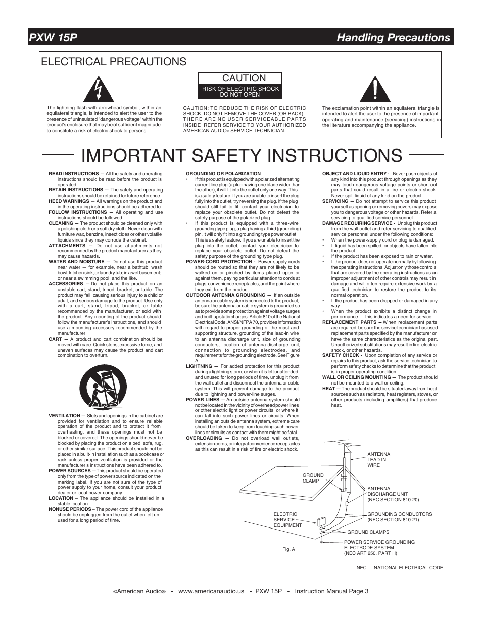 Important safety instructions, Electrical precautions, Pxw 15p handling precautions | Caution | American Audio PXW 15P15p User Manual | Page 3 / 11