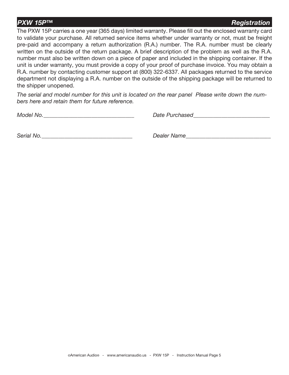 Pxw 15p™ registration | American Audio PXW 15P15p User Manual | Page 5 / 11