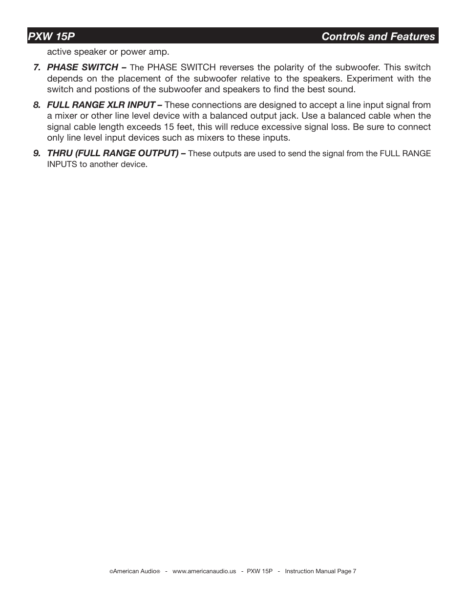 Pxw 15p controls and features | American Audio PXW 15P15p User Manual | Page 7 / 11