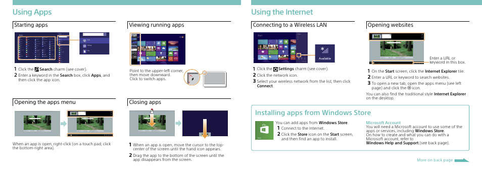 Using apps, Using the internet, Installing apps from windows store | Sony SVS15123CXB User Manual | Page 2 / 2