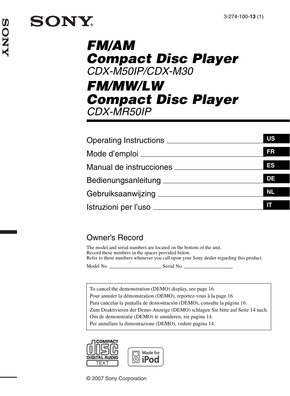 Sony CDX-M30 User Manual | 148 pages